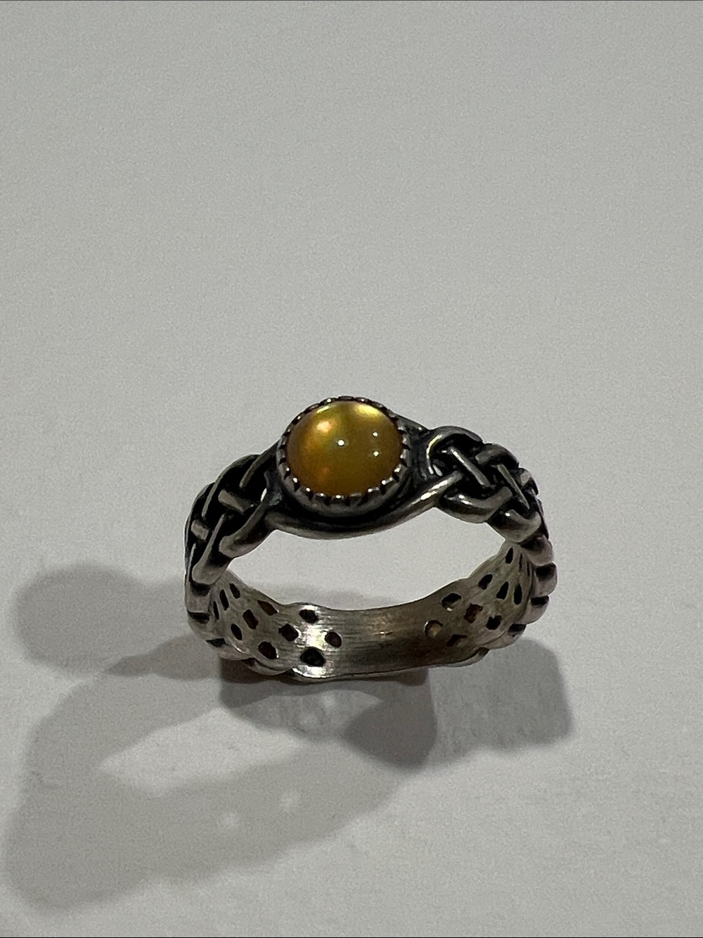 Sterling Silver Celtic Knot Ring with Yellow Opal Cabochon